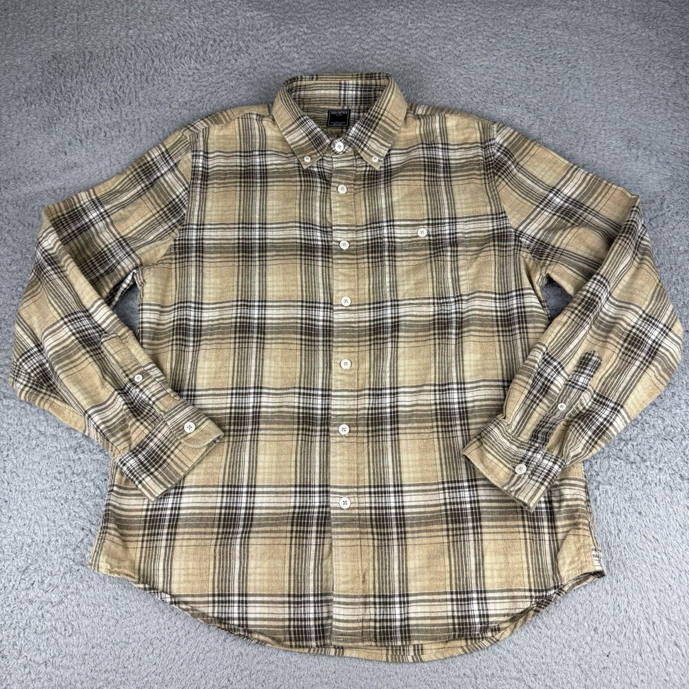 Todd Snyder Flannel Shirt Men Large Tan Brown Plaid Button Down Long Sleeve $178